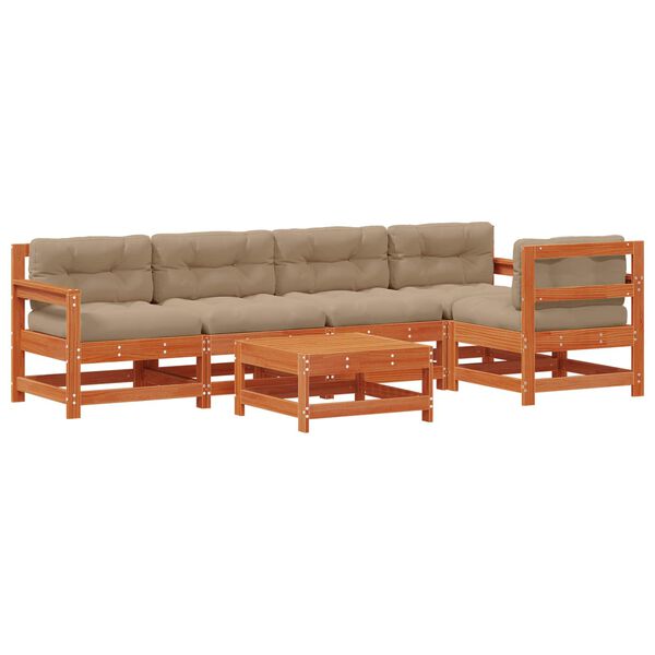 vidaXL Conjunto de Sof&aacute;s de Jard&iacute;n 6 pcs Marr&oacute;n Cera Pino macizo
