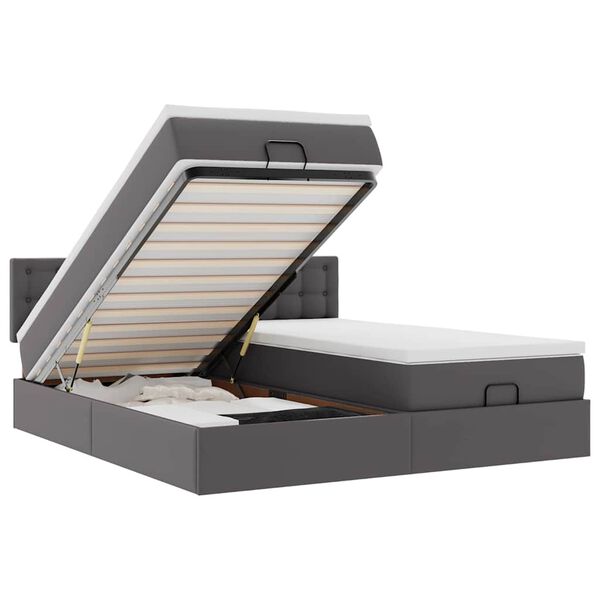 vidaXL Cama otomana colch&oacute;n y LED cuero sint&eacute;tico gris 160x200 cm