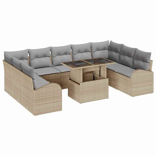 vidaXL Conjunto de sof&aacute; de jard&iacute;n con coj&iacute;n 10 pcs Beige Polirat&aacute;n