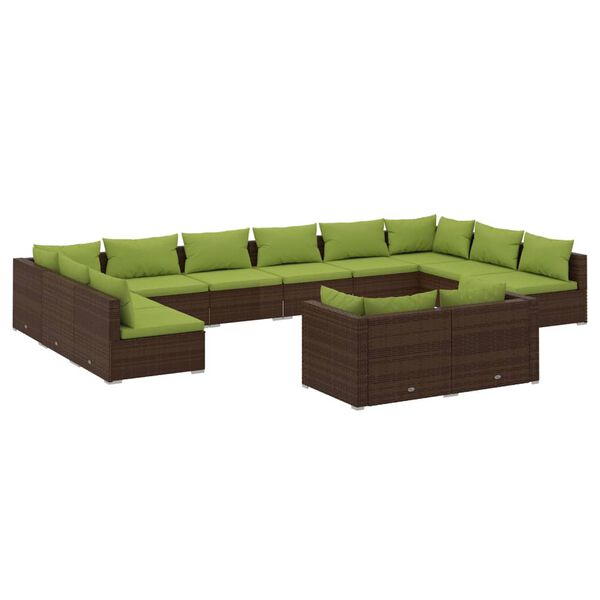 vidaXL Set muebles de jard&iacute;n 12 pzas y cojines rat&aacute;n sint&eacute;tico marr&oacute;n