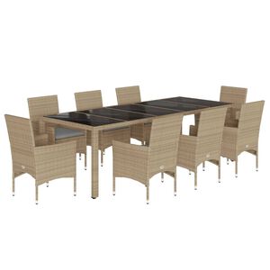 vidaXL Set comedor jard&iacute;n 9 pzas cojines rat&aacute;n sint&eacute;tico vidrio beige