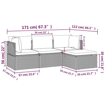 vidaXL Set de muebles de jardín 4 pzas y cojines ratán sintético gris