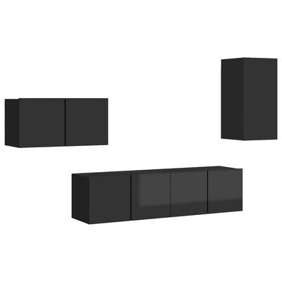 vidaXL Juego de mueble para TV de 4 piezas aglomerado negro brillante