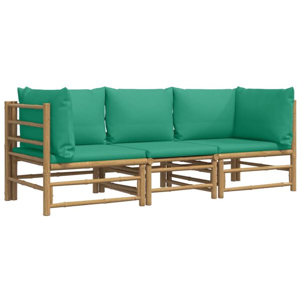 vidaXL Set de muebles de jardín 3 piezas bambú con cojines verde