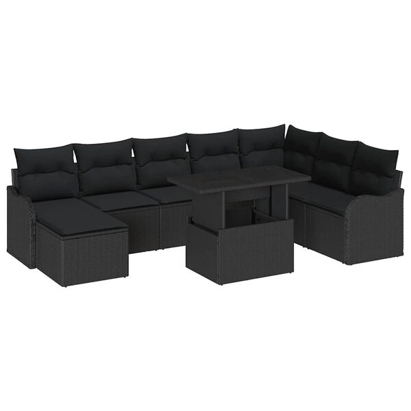 vidaXL Conjunto de sof&aacute; de jard&iacute;n con coj&iacute;n 9 pcs Negro Polirat&aacute;n