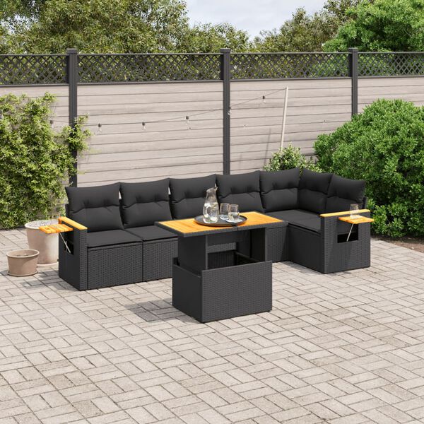 vidaXL Set de comedor de jardín 7 pzas y cojines ratán sintético negro