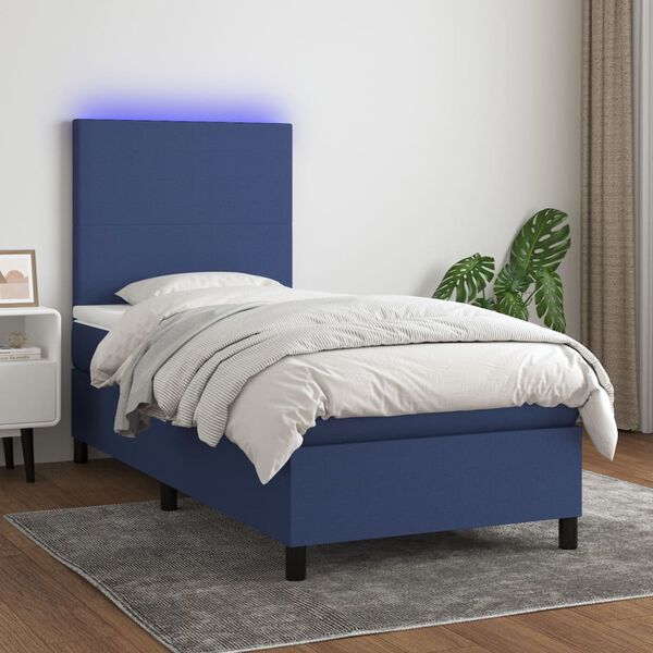 vidaXL Cama box spring colch&oacute;n y luces LED tela azul 100x200 cm