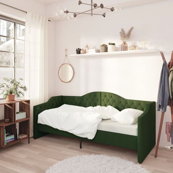 vidaXL Sof&aacute; cama con colch&oacute;n USB de tela verde oscuro 90x200 cm