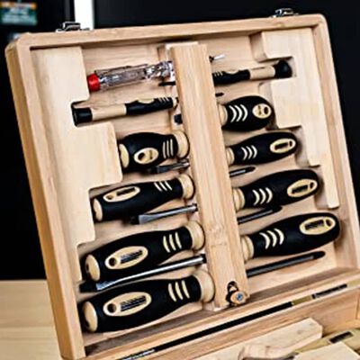 Brüder Mannesmann Juego de herramientas de 24 piezas maletín de bambú