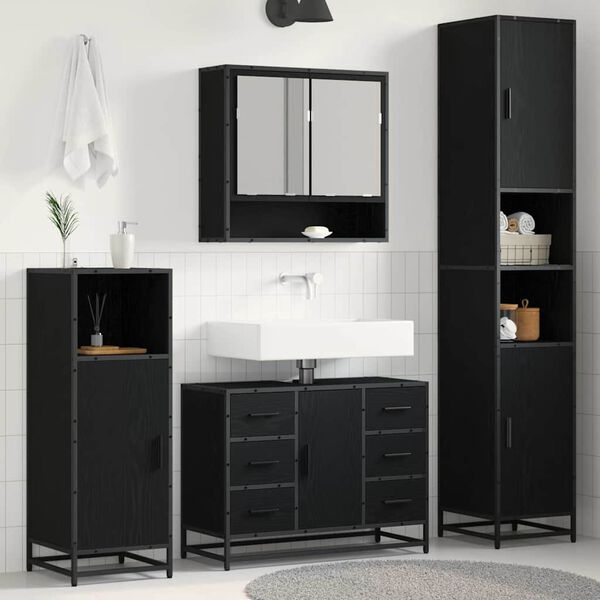 vidaXL Juego de muebles de ba&ntilde;o 3 pcs Roble Negro Madera de ingenier&iacute;a