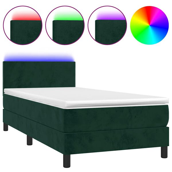 vidaXL Cama box spring colch&oacute;n y LED terciopelo verde oscuro 90x200 cm