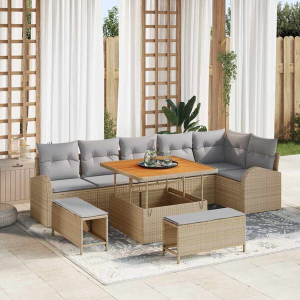 vidaXL Conjunto de sof&aacute; de jard&iacute;n con coj&iacute;n 9 pcs Beige y Gris Claro