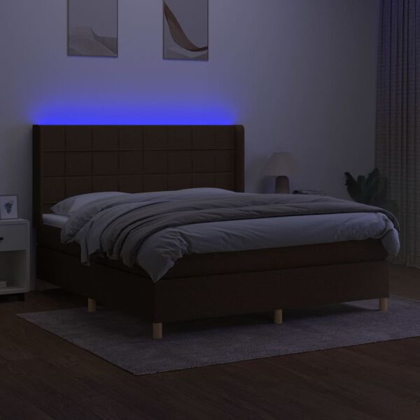 vidaXL Cama box spring colch&oacute;n luces LED tela marr&oacute;n oscuro 180x200cm