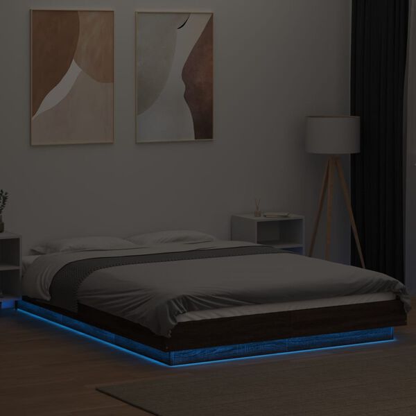 vidaXL Estructura cama con luces LED madera roble marr&oacute;n 140x190 cm