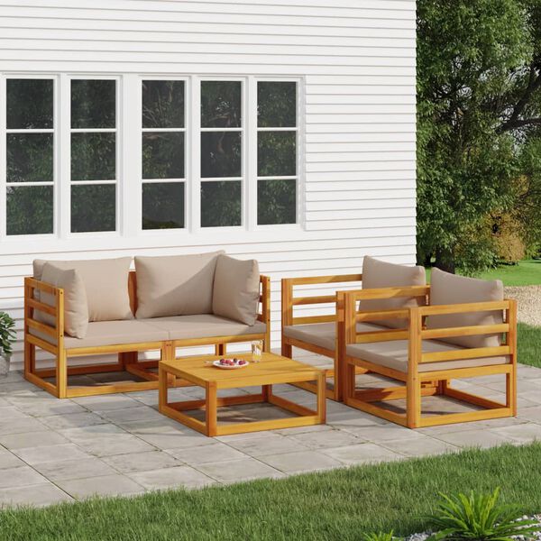 vidaXL Set muebles de jard&iacute;n 5 pzas madera maciza y cojines gris taup&eacute;
