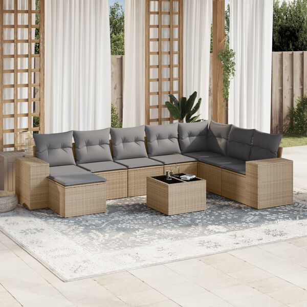 vidaXL Set de sof&aacute;s de jard&iacute;n 9 pzas con cojines rat&aacute;n sint&eacute;tico beige