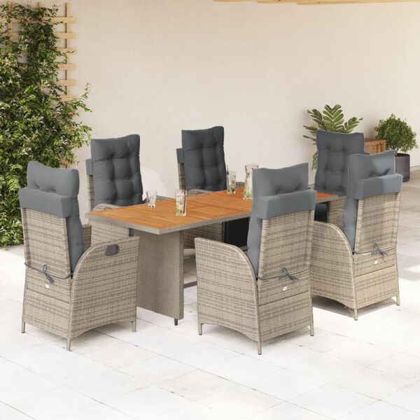 vidaXL Set comedor jard&iacute;n 7 pzas y cojines rat&aacute;n sint&eacute;tico gris