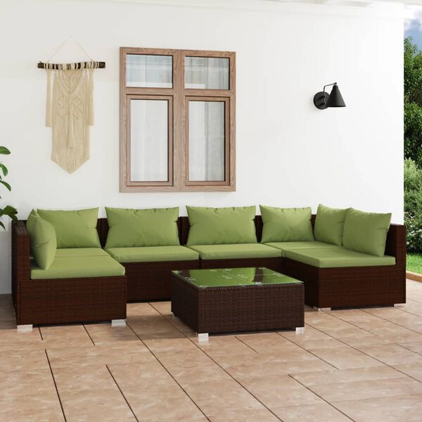 vidaXL Set muebles de jard&iacute;n 7 piezas y cojines rat&aacute;n sint&eacute;tico marr&oacute;n