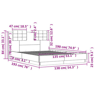 vidaXL Estructura cama con cabecero luces LED gris Sonoma 135x190 cm