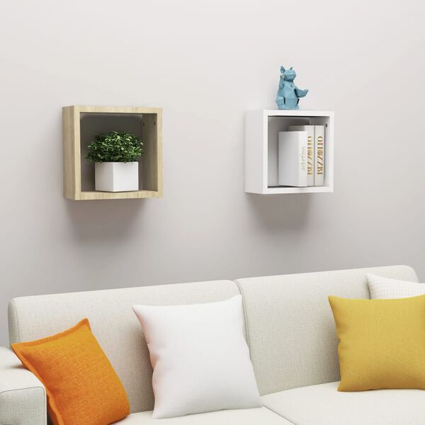 vidaXL Estantes cubo de pared 2 uds blanco y roble Sonoma 30x15x30 cm
