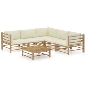 vidaXL Set de muebles de jard&iacute;n 6 piezas bamb&uacute; y cojines blanco crema