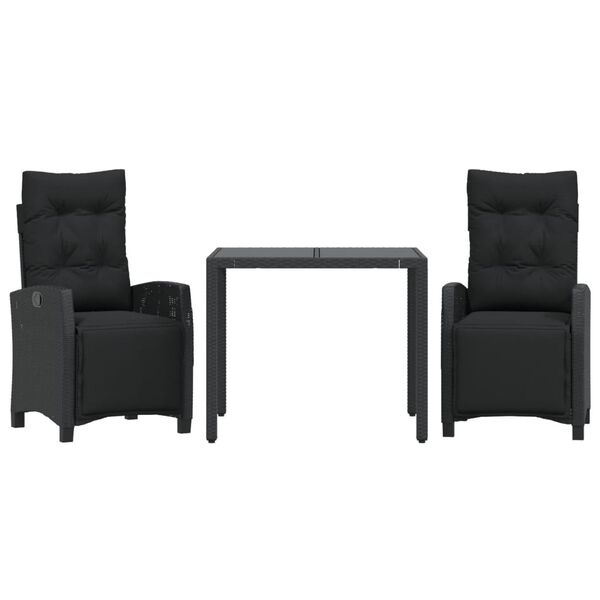 vidaXL Set comedor de jard&iacute;n 3 pzas con cojines rat&aacute;n sint&eacute;tico negro
