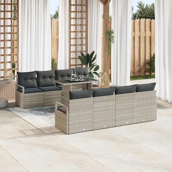 vidaXL Conjunto de sof&aacute; de jard&iacute;n 9 pcs Gris Claro Polirat&aacute;n