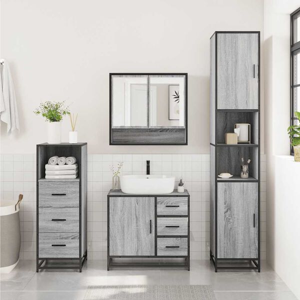 vidaXL Set de muebles de ba&ntilde;o 3 pzas madera contrachapada gris sonoma