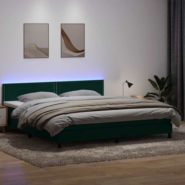 vidaXL Cama box spring con colch&oacute;n y LED terciopelo verde oscuro 180x210 cm