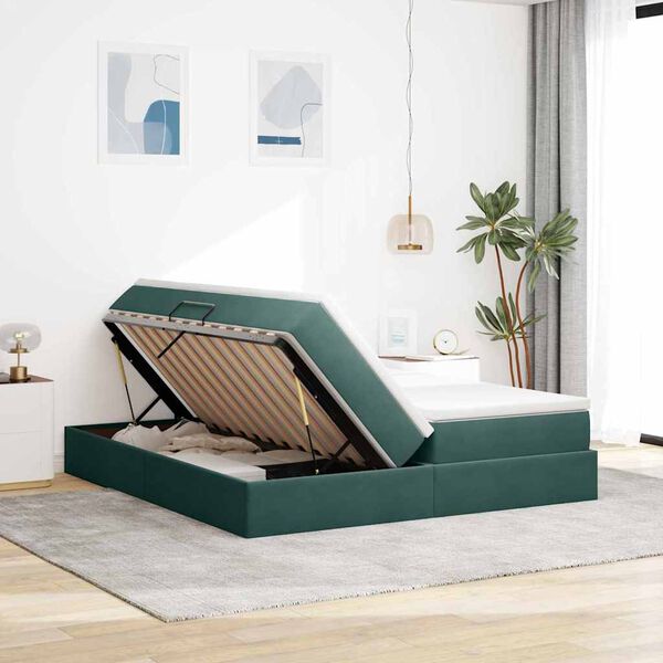 vidaXL Cama con almacenamiento y colch&oacute;n Verde oscuro 200 x 200 cm