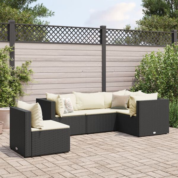 vidaXL Set de muebles de jard&iacute;n 5 pzas y cojines rat&aacute;n sint&eacute;tico negro