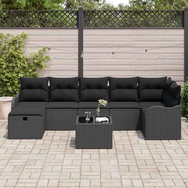 vidaXL Conjunto de sof&aacute; de jard&iacute;n con coj&iacute;n 8 pcs Negro Polirat&aacute;n