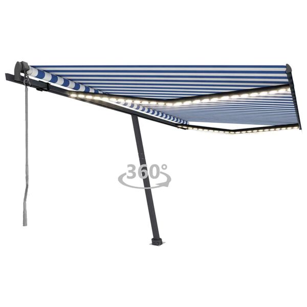 vidaXL Toldo autom&aacute;tico LED sensor de viento azul y blanco 450x350 cm
