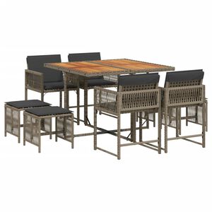 vidaXL Set comedor jard&iacute;n 9 pzas y cojines rat&aacute;n sint&eacute;tico gris