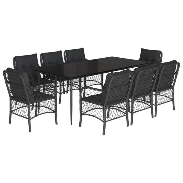 vidaXL Set de comedor de jard&iacute;n 9 pzas y cojines rat&aacute;n sint&eacute;tico negro