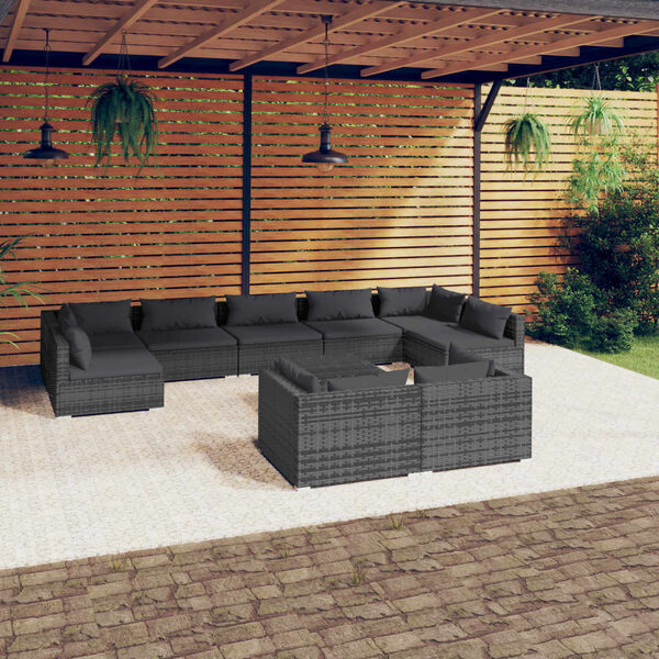 vidaXL Set de muebles de jard&iacute;n 10 pzas y cojines rat&aacute;n sint&eacute;tico gris