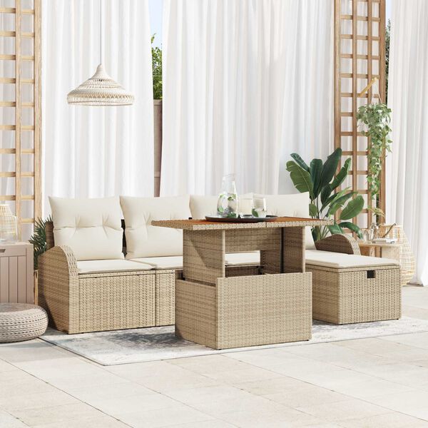 vidaXL Conjunto de sof&aacute;s de jard&iacute;n 6 pcs Beige rat&aacute;n sint&eacute;tico