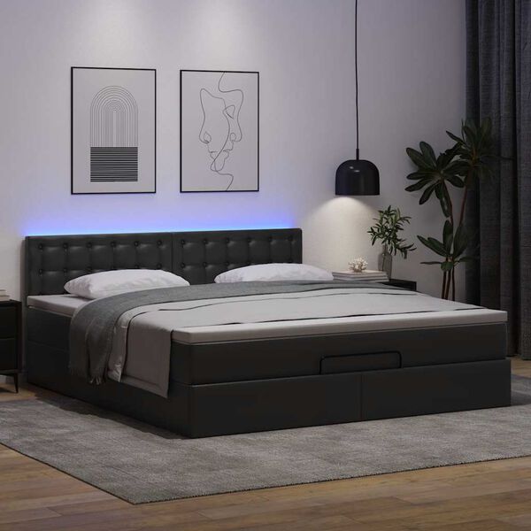 vidaXL Cama otomana colch&oacute;n y LED cuero sint&eacute;tico negro 180x200 cm