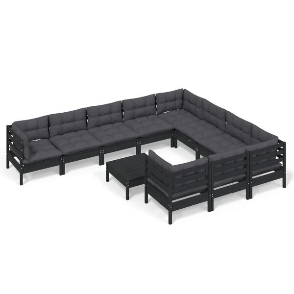 vidaXL Muebles de jard&iacute;n 11 pzas y cojines negro madera de pino