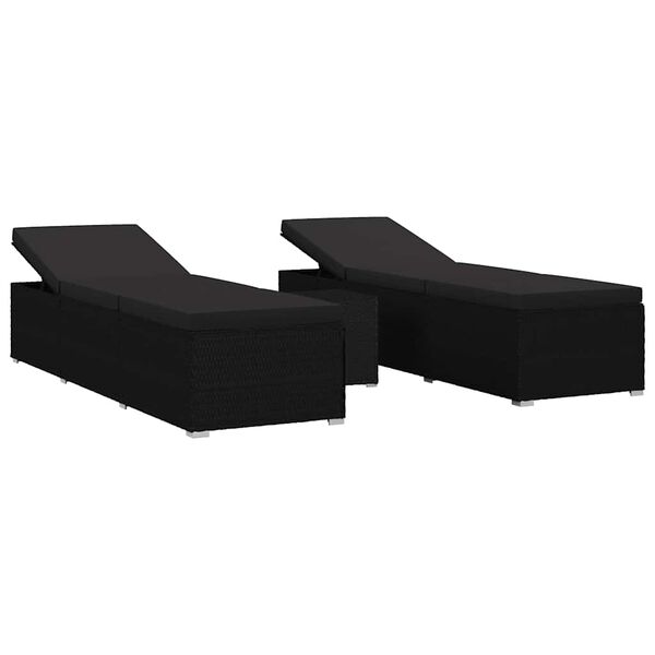 vidaXL Tumbonas de jard&iacute;n con coj&iacute;n 3 pcs Negro Polirat&aacute;n