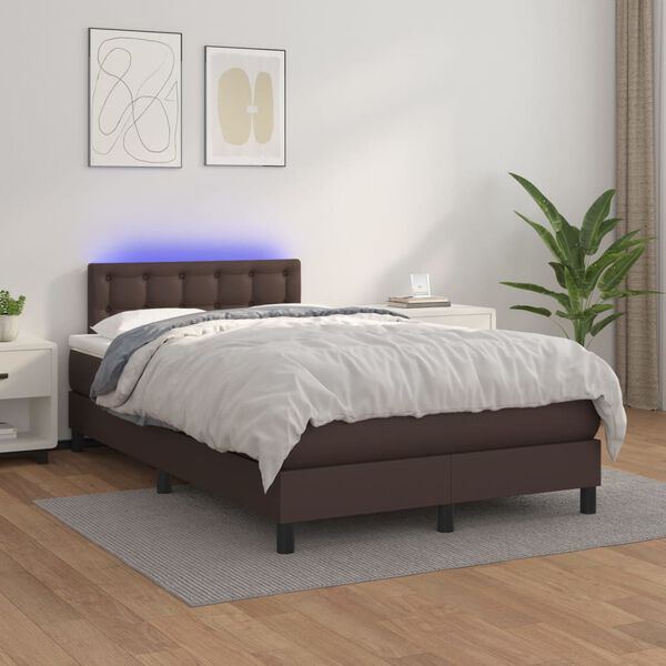 vidaXL Cama box spring colch&oacute;n y LED cuero sint&eacute;tico marr&oacute;n 120x200 cm
