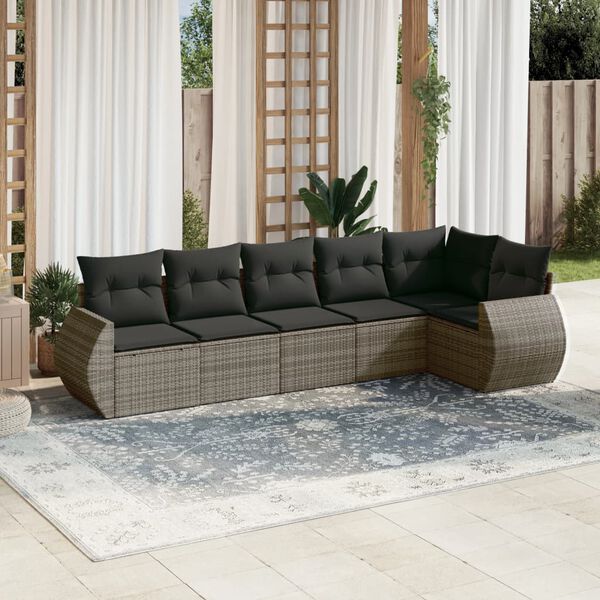 vidaXL Set de muebles de jard&iacute;n 6 pzas y cojines rat&aacute;n sint&eacute;tico gris