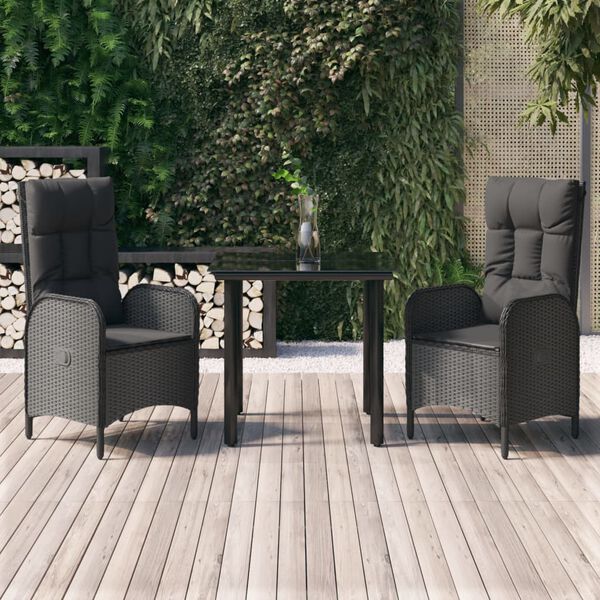 vidaXL Set comedor de jard&iacute;n 3 pzas con cojines rat&aacute;n sint&eacute;tico negro