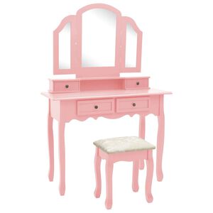 vidaXL Set de tocador y taburete madera paulownia rosa 100x40x146 cm
