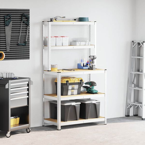 vidaXL Mesa de trabajo con estantes 5 niveles madera y acero plata