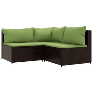 vidaXL Set muebles de jard&iacute;n 3 piezas y cojines rat&aacute;n sint&eacute;tico marr&oacute;n