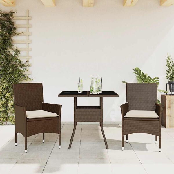 vidaXL Set comedor jard&iacute;n 3 pzas cojines rat&aacute;n sint&eacute;tico vidrio marr&oacute;n