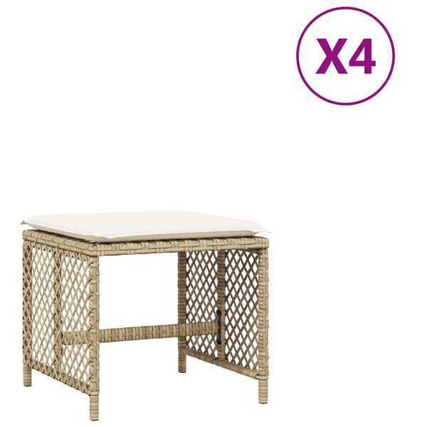 vidaXL Taburetes de jard&iacute;n con cojines 4 uds rat&aacute;n PE beige 41x41x36cm