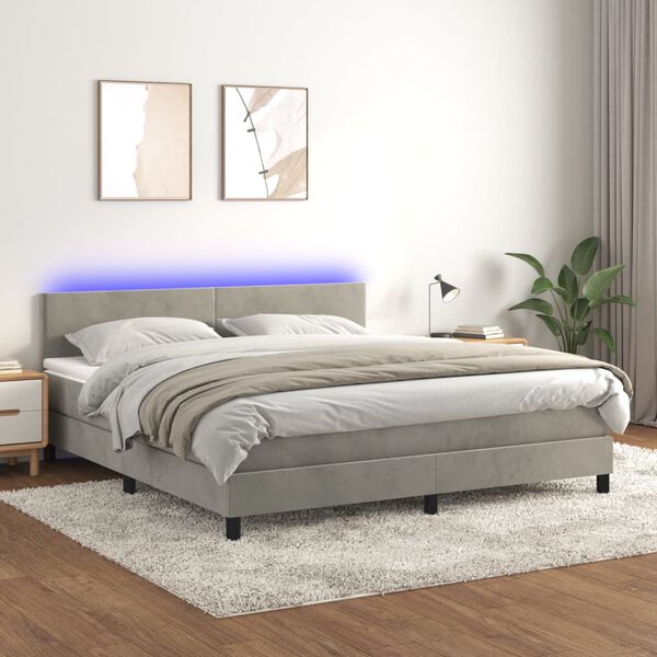 vidaXL Cama box spring colch&oacute;n y LED terciopelo gris claro 180x200 cm