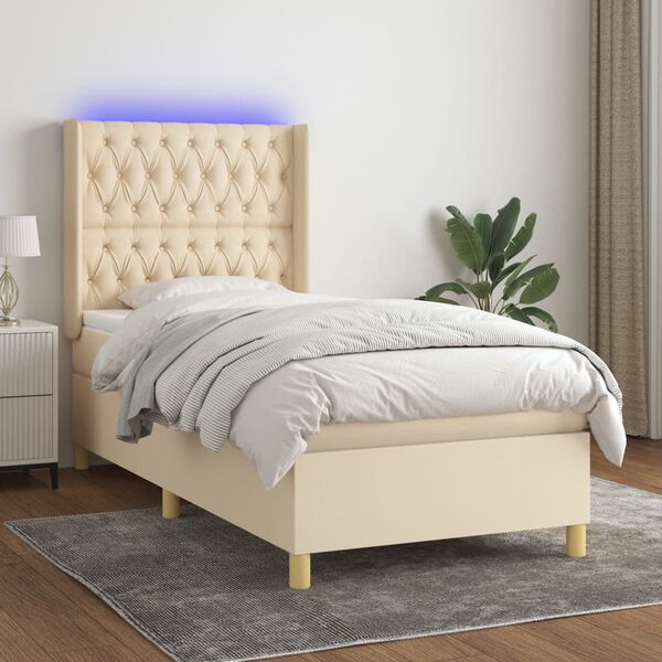 vidaXL Cama box spring colch&oacute;n y luces LED tela crema 90x200 cm